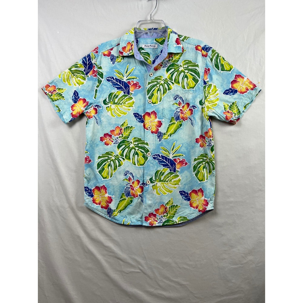 Tommy Bahama Button Up Mens Medium Blue Tropical Resortcore 100% Silk Shirt